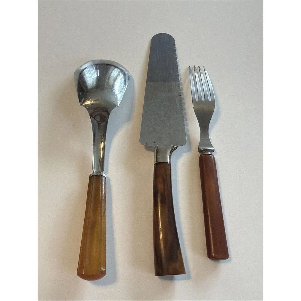 Vintage Caramel Bakelite Utensils Pie Server Ice Cream Scoop and Fork Marbling